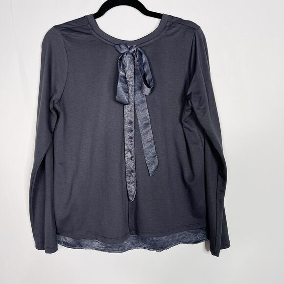 Bobeau Gray Blue MP Tie Open Back Long Sleeve Top Medium Petite Crew Neck - Picture 2 of 9